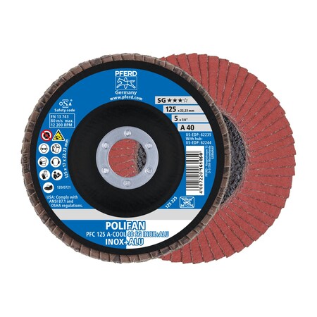 Pferd 5" x 7/8" A.H. POLIFAN® Flap Disc - A-COOL SG INOX+ALU, Aluminum oxide, 40 Grit, Conical 62235